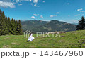 Bride sits alone in a vast alpine meadow beneath distant mountain peaks, Wide aerial wedding scene combines romance freedom and scenic destination travel 143467960