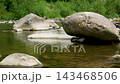 Wide Calm Mountain River with Large Boulders in Wild Nature 143468506