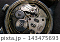 Top view macro shot of full vintage mechanical wristwatch movement with rotating gears and inner casing 143475693