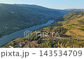 Drone view of a small hamlet with red roofs on vineyard terraces above the Douro river at sunrise in Portugal Douro Valley. Push in approach dolly shot. 143534709