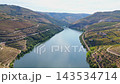 Drone view of the Douro river in Portugal Douro Valley with terraced vineyards, green banks and winding roads. Push in approach dolly shot. 143534714