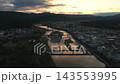 Aerial footage of the Kuma River and urban area in Hitoyoshi City, Kumamoto Prefecture. 143553995