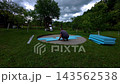 Preparation of pool foundation in backyard including leveling and insulation for summer project 143562538