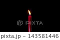 Brightly lit red candle burning with a warm glow in the dark. A striking wax candle that contrasts with a completely black background. This classic candle represents memory and celebration. 143581446