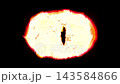 3D render. Red and yellow flame in the shape of an eye on a black background. 143584866