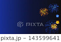 Seamless loop of grand blue and gold festive fireworks display on right edge with dark blue gradient background and copy space 143599641
