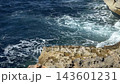 At Dwejra Bay on Gozo island in Malta, foaming Mediterranean Sea waves swirl against a rocky limestone shoreline below cliffs. Coastal erosion, rough seascape, island tourism, natural coastal scenery. 143601231