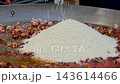 Chef pouring white rice into a large paella pan over seafood and stirring it with a spatula during traditional Spanish paella preparation. 143614466