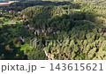 Drone view from above shows dense evergreen canopy on rugged slope, rocky outcrops, bright green meadows, and small rural village connected by winding paths under clear daylight. 143615621