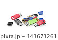 Falling group of colorful USB flash drives on white background 143673261