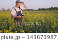Farmer agronomist in a rapeseed field discusses the blooming rapeseed with a biologist colleague over the phone under soft sunset light in open rural landscape. Growing rapeseed for oil production. 143673987