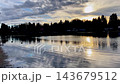 Sunset over a calm lake with silhouetted trees and glowing sun reflections on water 143679512