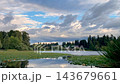 Timelapse, a calm lake covered with green lily pads, with houses and tall evergreen trees along the opposite shore 143679661