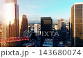Los Angeles skyline view with urban transportation and commuter traffic patterns during sunset in a metropolitan area 143680074