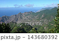 A wall of green foliage frames a static view of the Anaga ridges falling away to the Atlantic. Dramatic island topography for adventure travel and conservation storytelling. 143680392