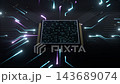 A 3D render loop of a CPU microchip on a dark circuit board with glowing neon data pulses flowing through electronic tracks to represent digital processing and technology 143689074