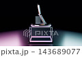 Retro flip phone rotates on a glass display stand with neon lighting in this 3D render, showcasing the classic vintage design with an open keypad and screen in a dark studio setting 143689077
