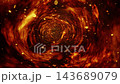 3D journey flying through a swirling fire tunnel filled with burning hot embers and bright glowing orange sparks 143689079