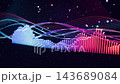 A 3D render of a digital audio equalizer with glowing blue and pink neon bars, pulsating in a dark space as the camera rotates to a side angle 143689084