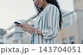 Phone, city hands and business woman typing, reading or search online website, media app or message smartphone user. Networking, cellphone communication or urban person texting social network contact 143704051