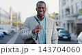 Happy, street and face with business with black man in city for corporate, mission and development. Smile, confidence and pride with portrait of employee in outdoors for mindset, focus and happiness 143704060