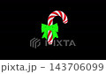 Animation of a stylized candy cane with a green bow jumping in repetitive motion, 3d render 143706099