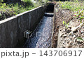 Water flowing through an agricultural irrigation channel. A concrete channel surrounded by grass. 143706917