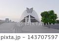 Symmetrical modern white cultural building with curved steps, empty plaza, and row of leafy trees seen from low frontal viewpoint in soft early morning light, calm urban scene 143707597