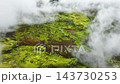 Aerial view of clouds sweeping across mossy volcanic highlands, revealing emerald plateaus, Iceland 143730253
