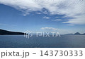 A panoramic view of shimmering blue sea, distant mountains, and wispy clouds under a wide blue sky near Bodrum, Turkey. High quality 4k footage 143730333