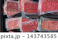 Vacuum sealed raw meat portions arranged in supermarket display trays, showing sliced and ground beef packaging with red textures, transparent plastic wrapping, and retail food merchandising video Vacuum sealed raw meat portions arranged in supermarket display trays, showing sliced and ground beef packaging with red textures, transparent plastic wrapping, and retail food merchandising video 143743585