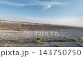A moving landscape of Mangystau, with its pale stony ground and shrubs, beyond which a distant plateau stretches out. 143750750