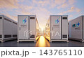 3d rendering group of energy storage systems or battery container units on sunset sky background 4k footage 143765110