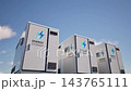 3d rendering group of energy storage systems or battery container units on blue sky background 4k footage 143765111