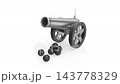 Cannon with a couple of cannonballs on white background 143778329