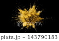 Golden Powder Explosion Bursting with Dynamic Yellow Particles and Cloud Smoke on Black Background. Powerful Luxury Freeze Frame Animation. Flying Gold Big Dust Shiny Debris. Abstract Beauty Effect 4k 143790183