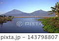 Panoramic Scenic Lake with Water Hyacinths and Mountain Peaks Background 143798807