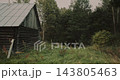 Corner of Old Wooden Log Cabin Beside Forest Edge and Overgrown Lawn 143805463