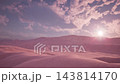 3d render Pastel pink desert sunrise with clouds, imagined drone survey perspective across gentle rippled dunes, soft backlight, warm haze, cinematic wide composition conveying calm and renewal 143814170