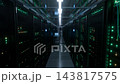 Forward tracking shot gliding through a modern data center corridor between illuminated server racks toward a glowing blue monitor for cloud and 143817575