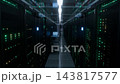 Slow tracking flythrough through futuristic data center corridor past illuminated laptop and blinking server racks with vibrant green indicator lights 143817577