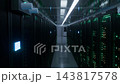 Smooth forward dolly move down a modern data center corridor past humming server racks with green and blue indicator lights leading to bright doors 143817578