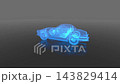 Blue car hologram wireframe digital model 3D rendering. Futuristic blue hologram wireframe of a vintage sports car rotating on dark reflective surface 3D animation 143829414