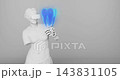Venus de Milo sculpture in VR headset with robotic arm holding glowing blue hologram tooth 3D animation concept 143831105