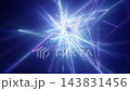 Glowing geometric light patterns pulse against dark blue field. Cyan and violet beams radiate outward in shifting starburst forms, giving this abstract animation futuristic digital style. 143831456