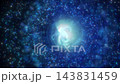 Radiant blue light vortex slowly twists as tiny particles shimmer around it. Luminous orb morphs in place against dark cosmic field, forming otherworldly futuristic abstract animation. 143831459
