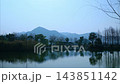 Scenic landscape of calm lake water reflecting distant mountains and peaceful nature outdoors 143851142
