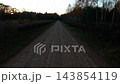 Long dirt road through quiet forest at sunset with dark trees and warm evening light 143854119
