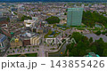 Aerial view of the beautiful city of Dusseldorf on the banks of the Rhine, featuring modern architecture and commercial port waterways 143855426