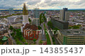 Aerial view of the beautiful city of Dusseldorf on the banks of the Rhine, featuring modern architecture and commercial port waterways 143855437